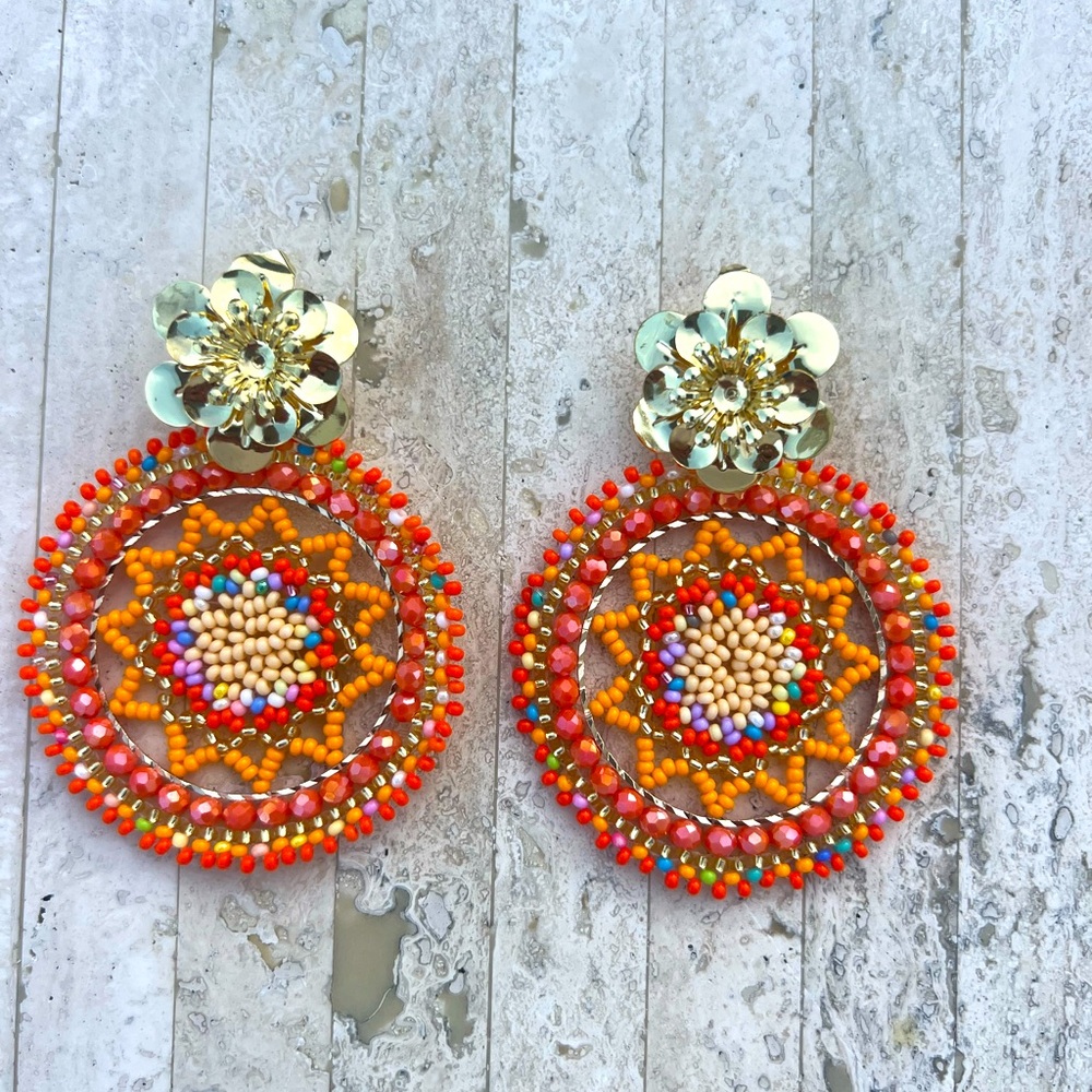 COPY - Handmade Colombian orange flower beaded Statement Earrings - Light Weigh…